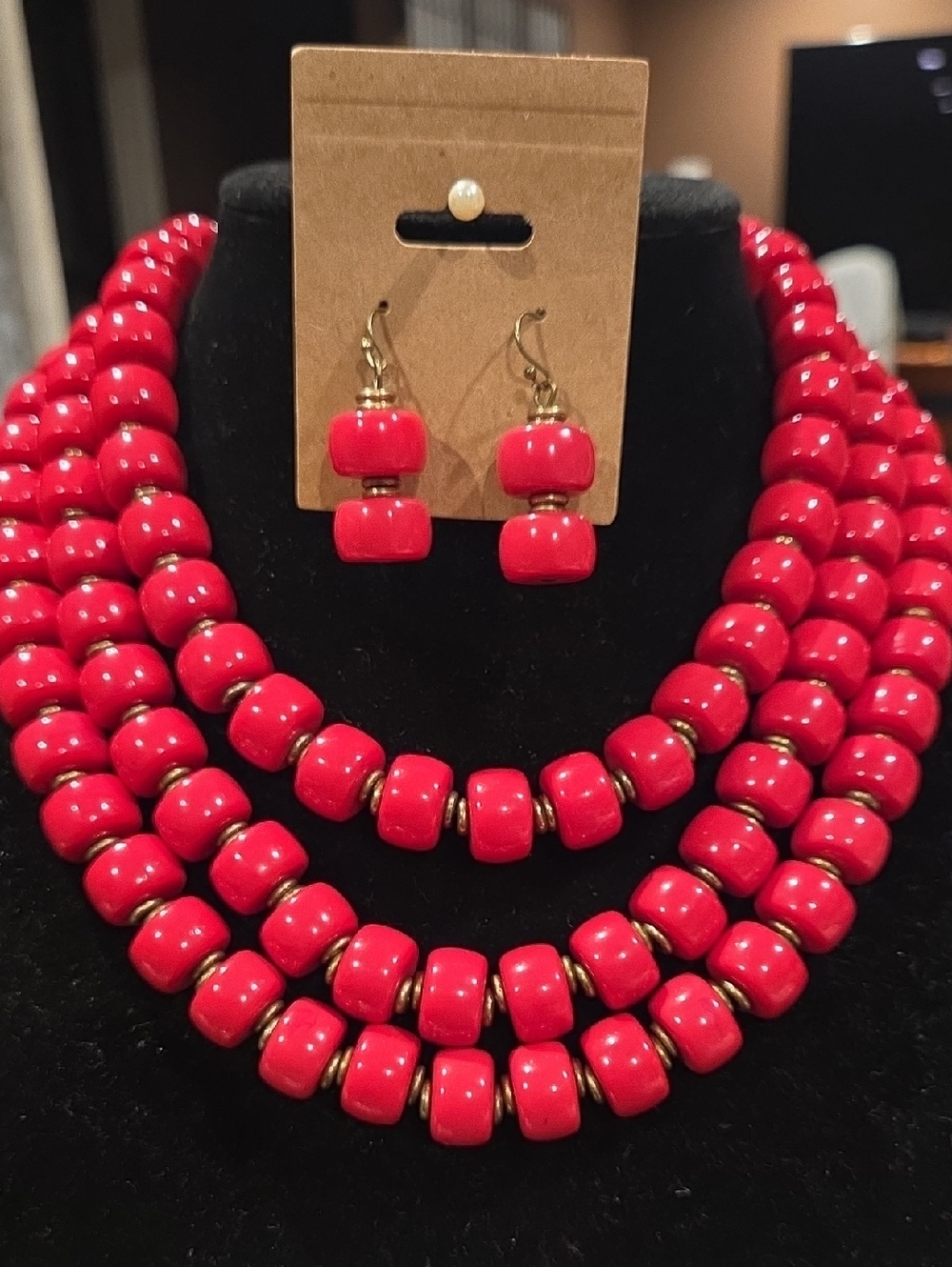 Premier Designs Red Beaded Triple-Strand Necklace with Matching Earrings